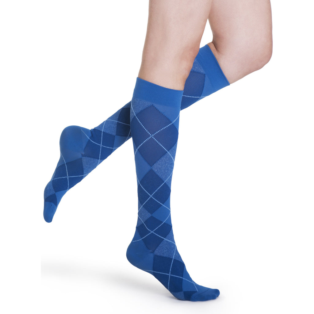 Sigvaris Women's Microfiber Patterns Knee High, Royal Blue Argyle