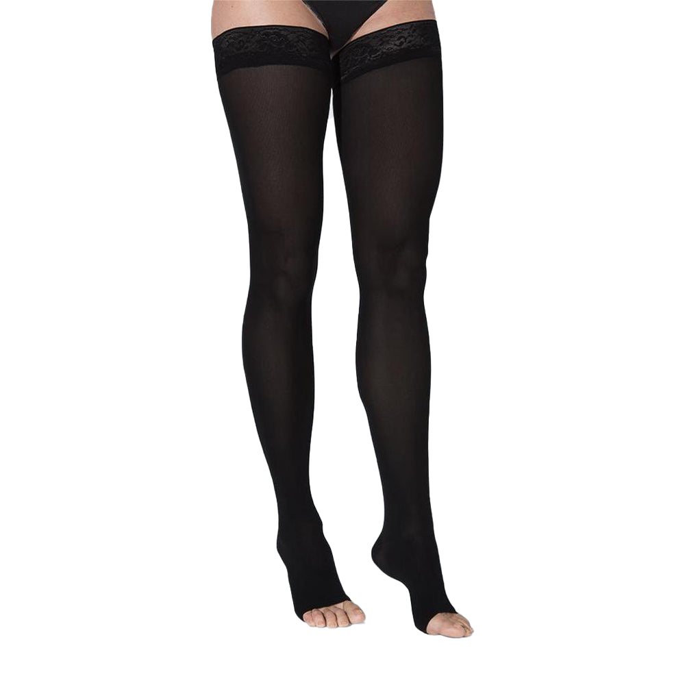 Sigvaris Soft Opaque Thigh High, Open Toe, Black